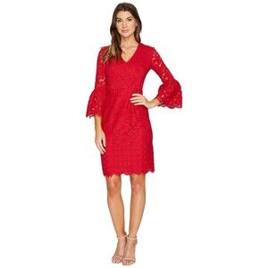 MAGGY LONDON Red Lace Trumpet Sleeve‎ Dress -Size 4